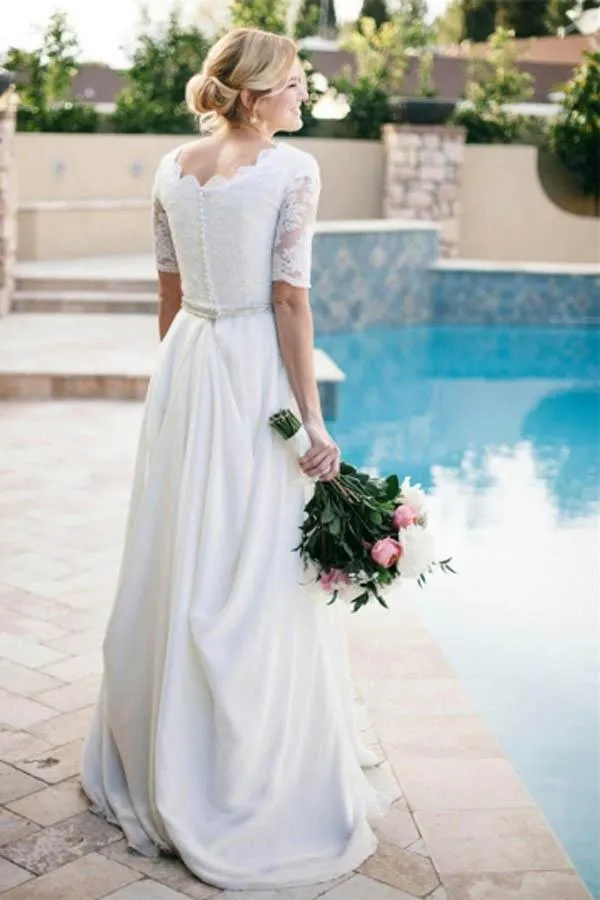 A Line Half Sleeve Ivory Lace with Satin Round Neck Beads Button Cheap Wedding Dresses WK146