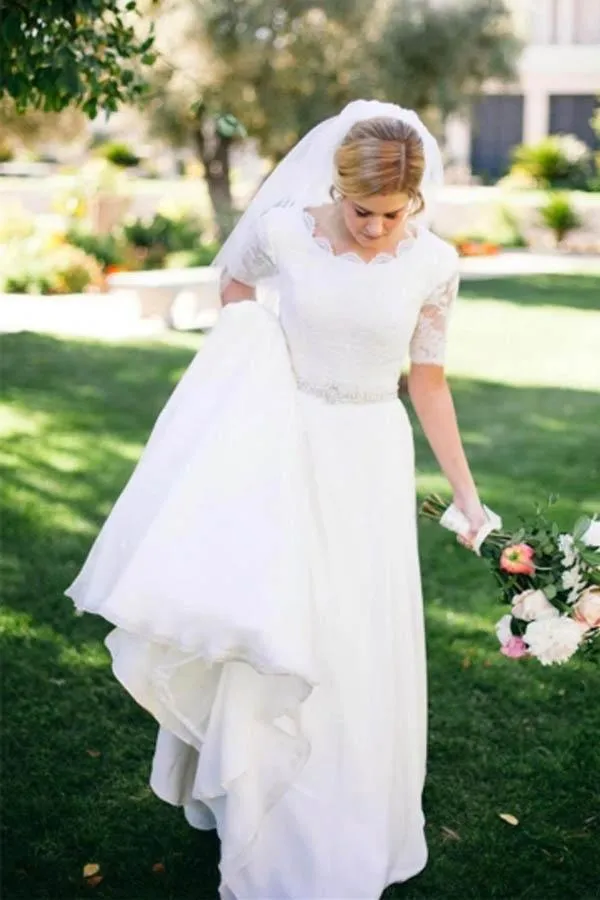 A Line Half Sleeve Ivory Lace with Satin Round Neck Beads Button Cheap Wedding Dresses WK146
