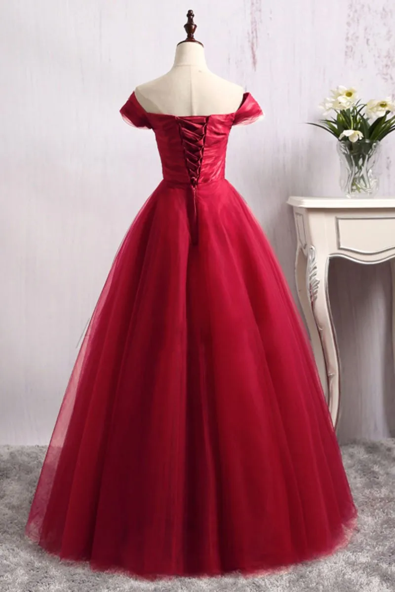 A Line Long Red Tulle Off the Shoulder Lace up Bowknot Floor Length Prom Dresses WK140