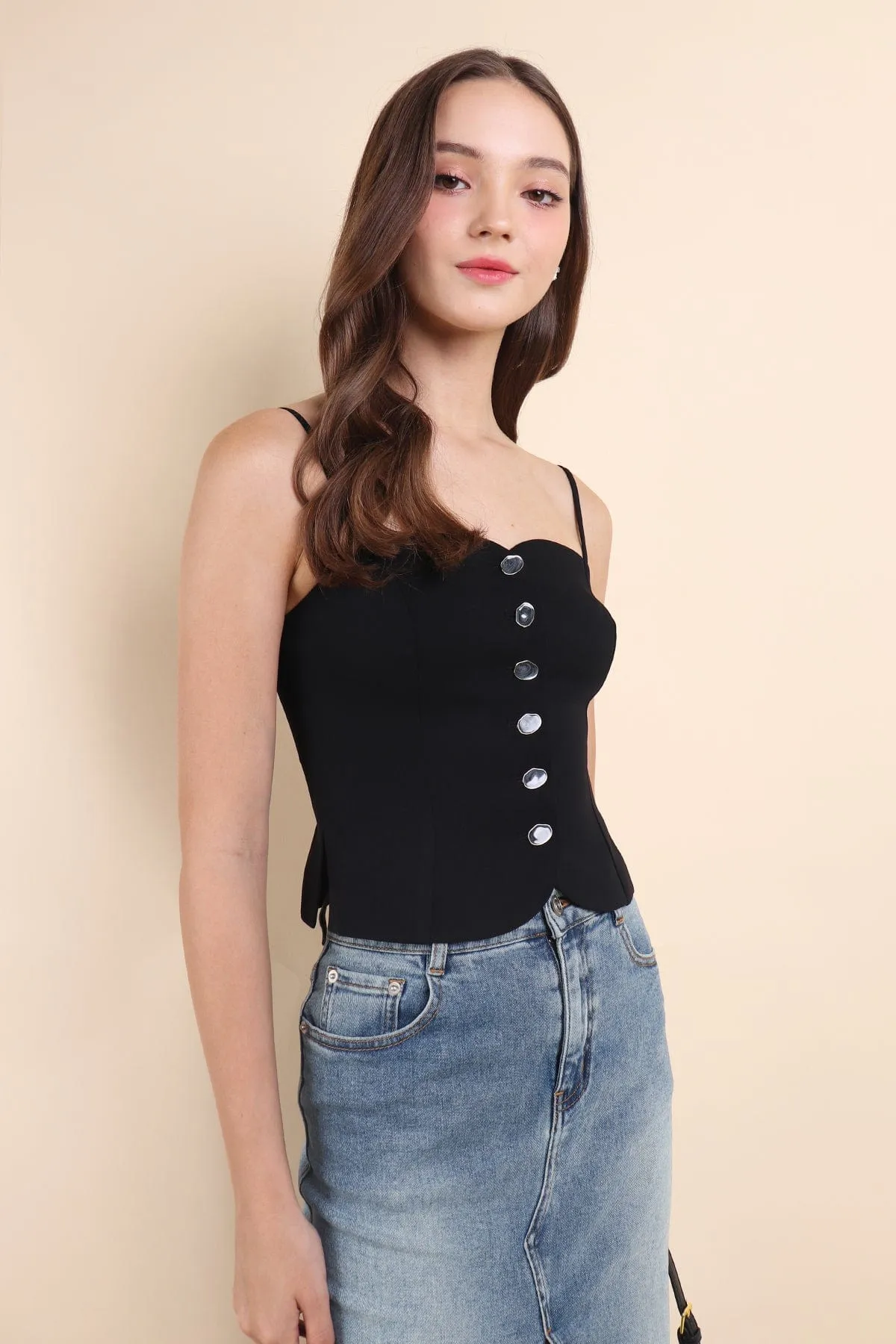 ADORA VEST SPAG TOP IN BLACK