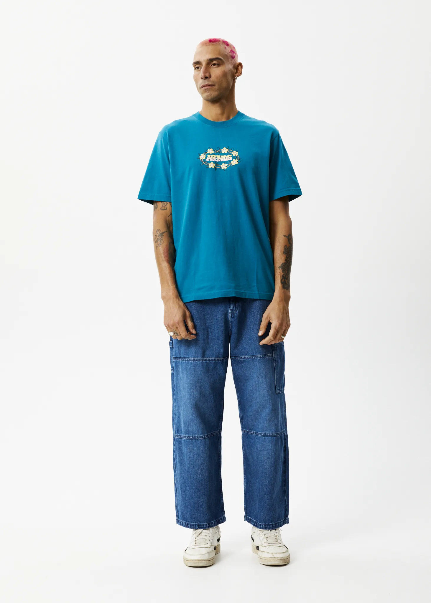 AFENDS Mens Bloom - Retro Graphic Logo T-Shirt - Azure