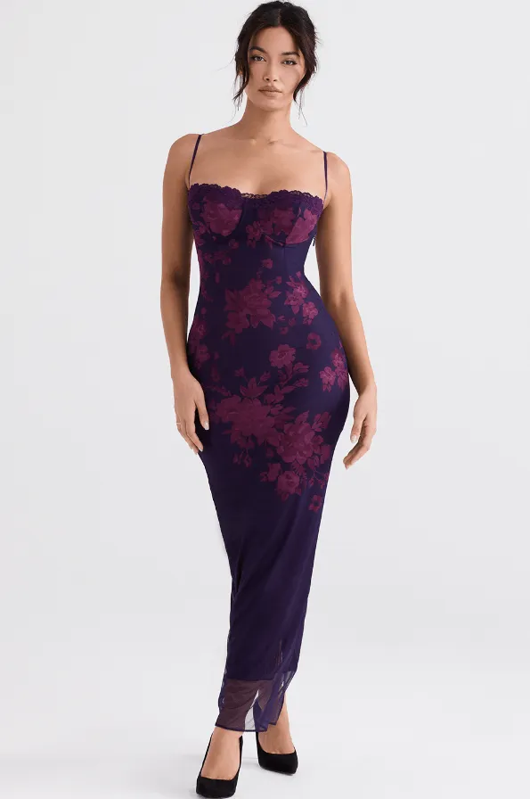 AIZA GRAPE FLORAL PRINT MAXI DRESS - Dark Purple