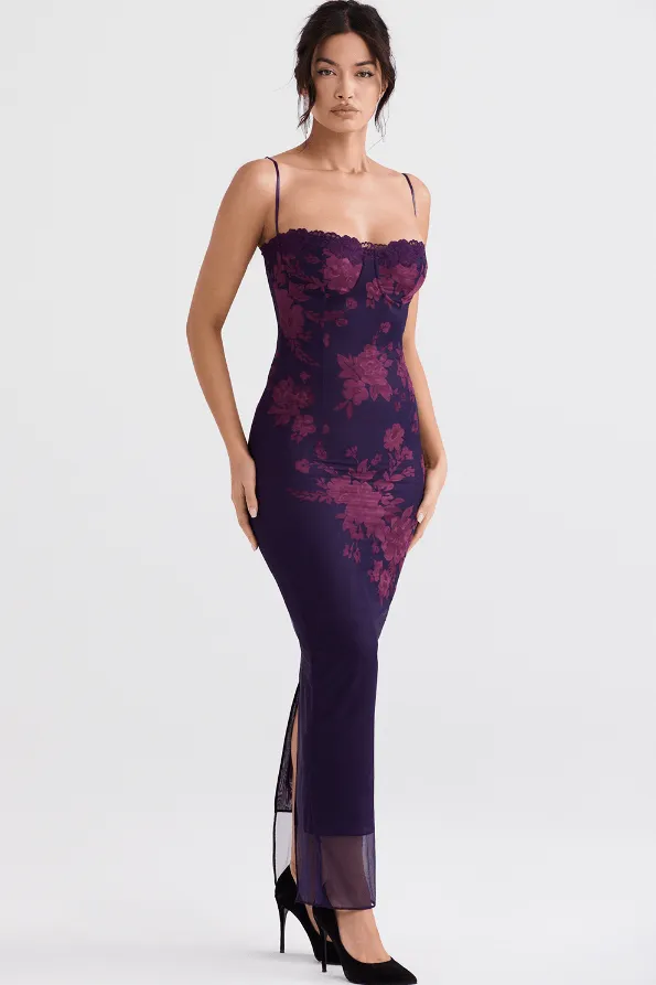 AIZA GRAPE FLORAL PRINT MAXI DRESS - Dark Purple