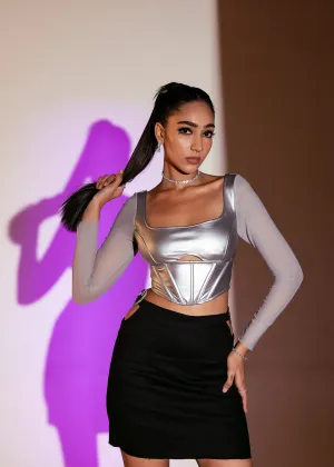 Alba Silver Faux Leather Corset Set