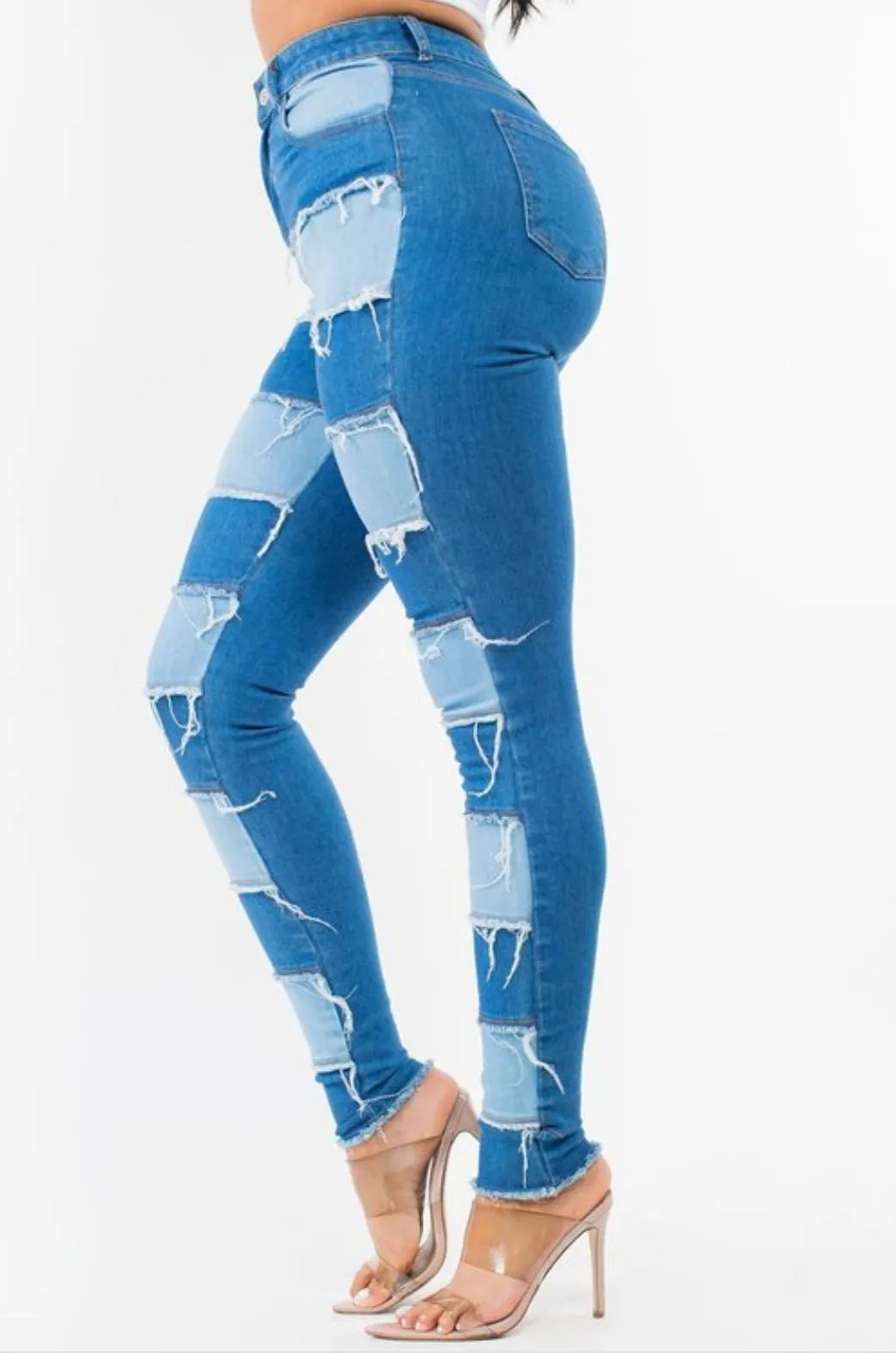 All Patched Up Color Block Light Wash & Medium Wash Skinny Tapered Denim Jeans