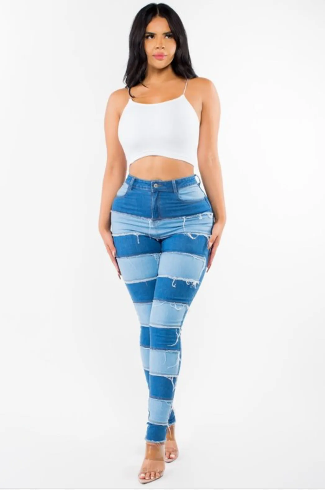 All Patched Up Color Block Light Wash & Medium Wash Skinny Tapered Denim Jeans