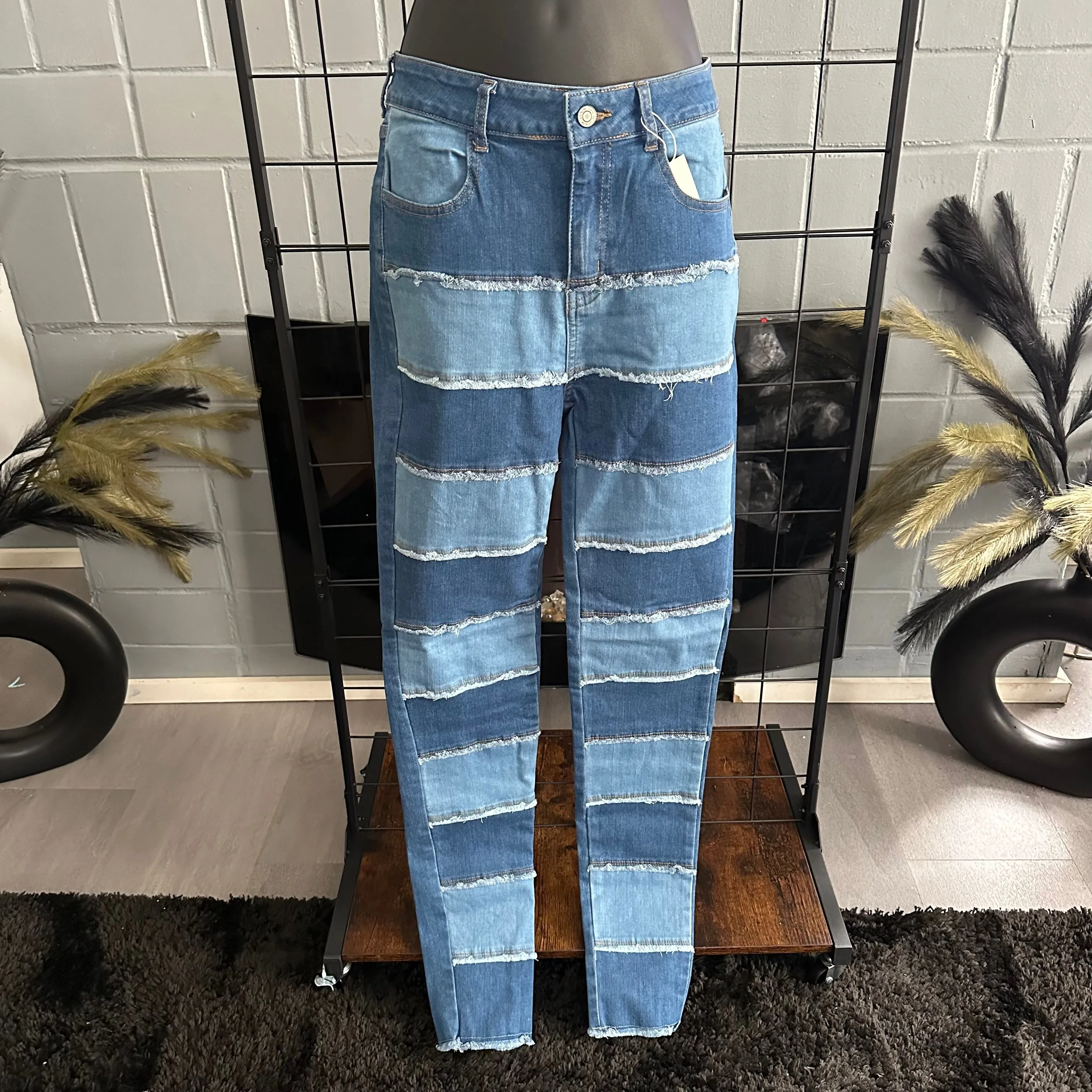 All Patched Up Color Block Light Wash & Medium Wash Skinny Tapered Denim Jeans