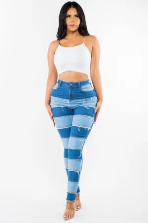 All Patched Up Color Block Light Wash & Medium Wash Skinny Tapered Denim Jeans
