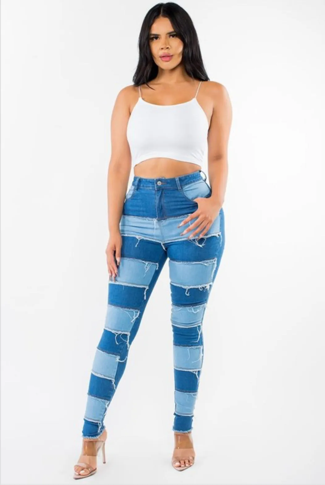All Patched Up Color Block Light Wash & Medium Wash Skinny Tapered Denim Jeans
