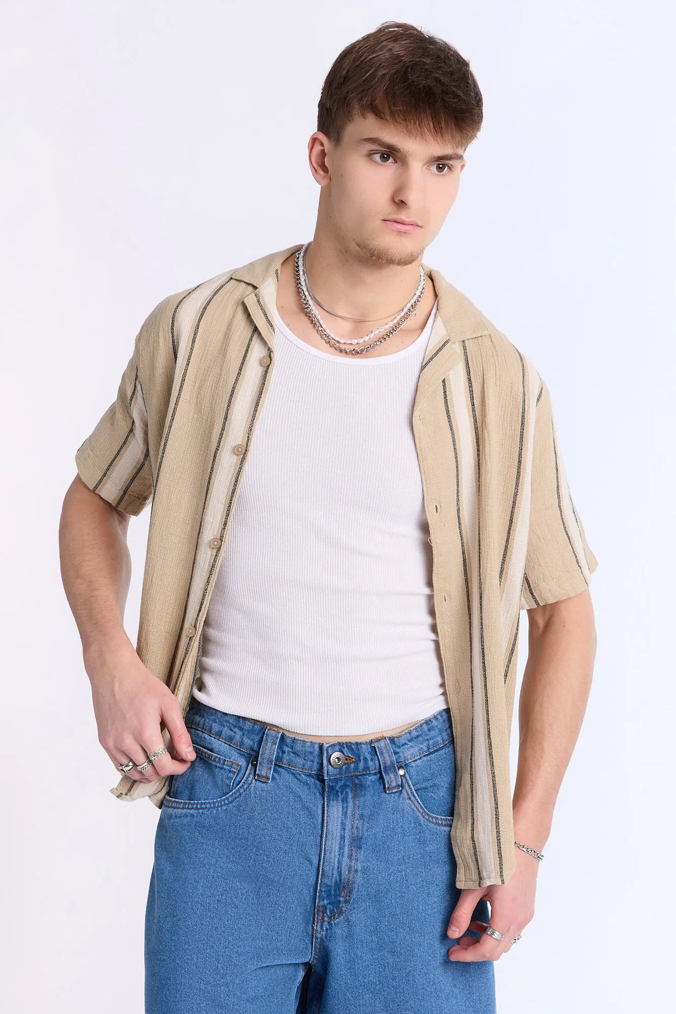 Arsenic Mens Vertical Stripe Gauze Button-Up