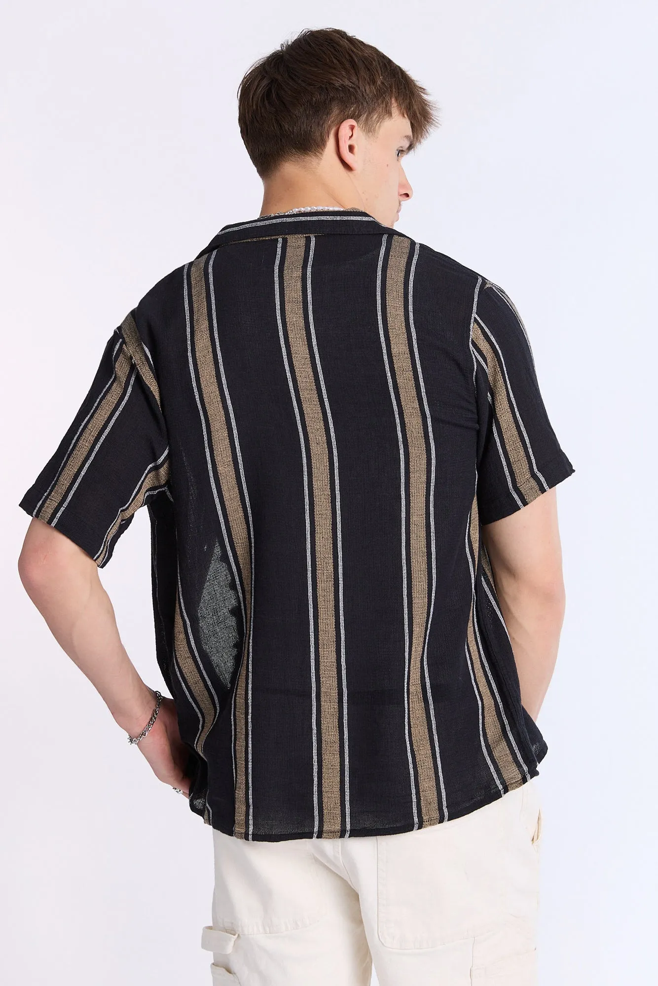 Arsenic Mens Vertical Stripe Gauze Button-Up