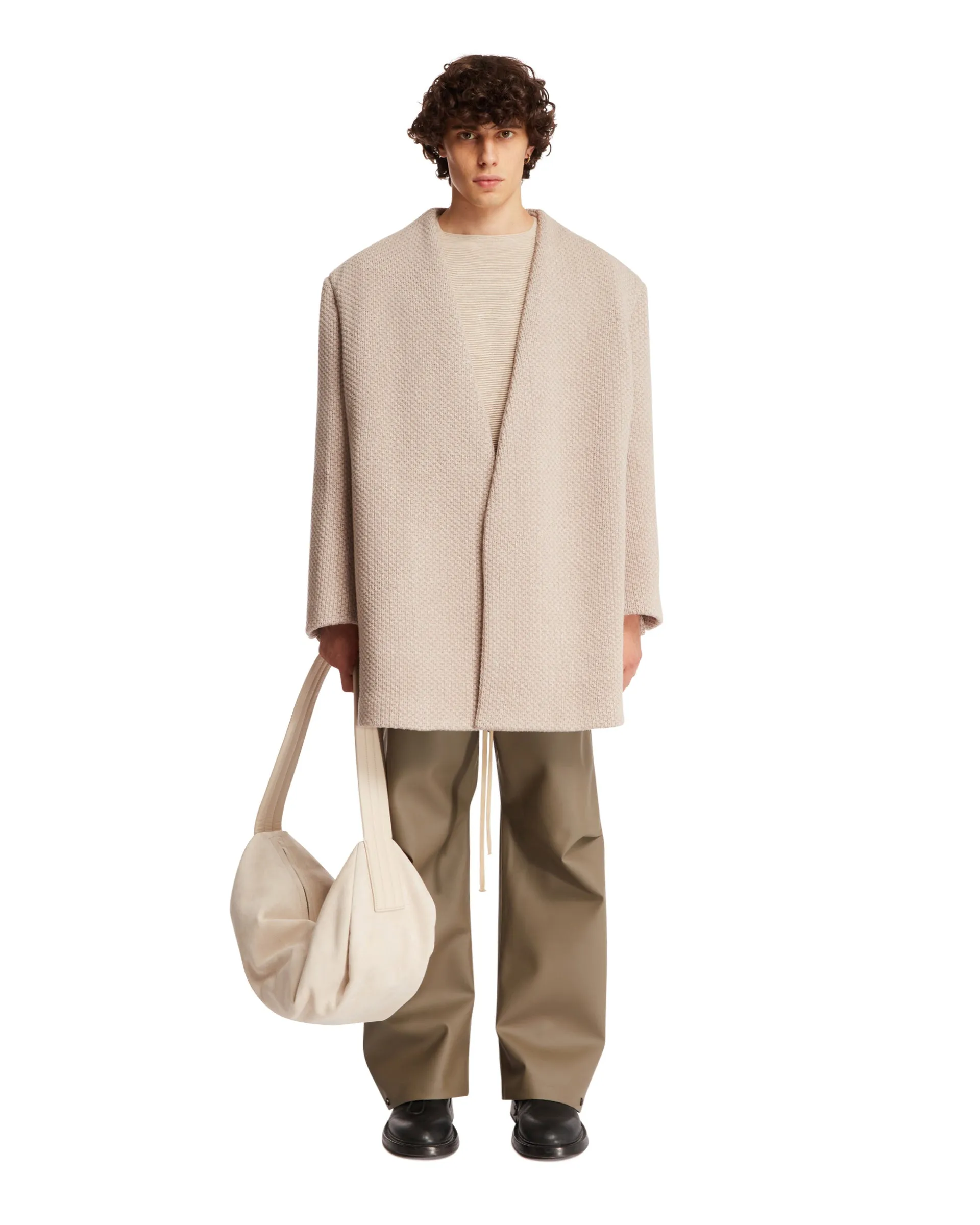 Beige V-Neck Wool Coat