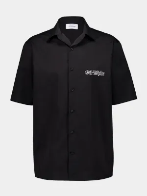 Black Cartoon Print Poplin Bowling Shirt