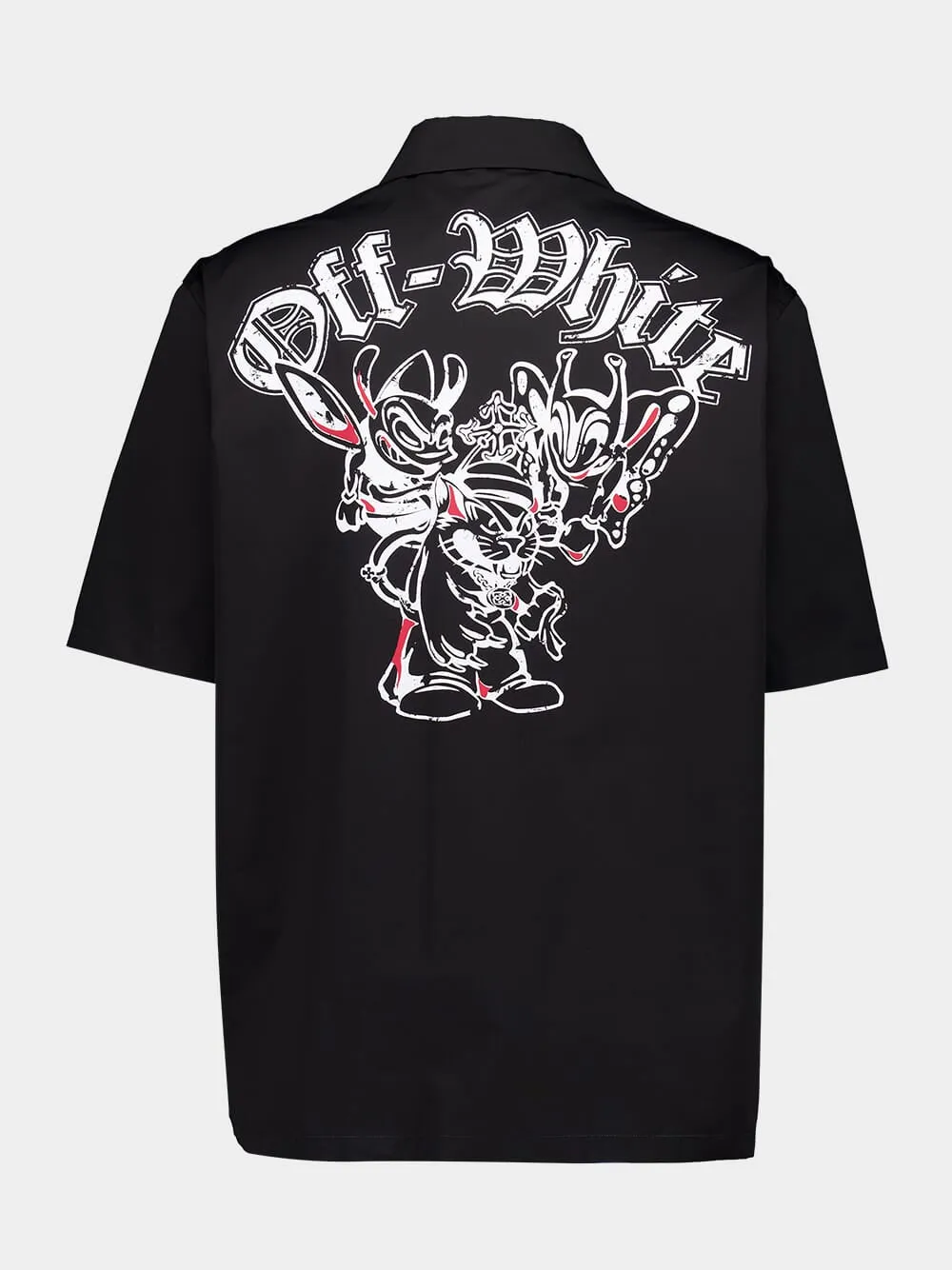 Black Cartoon Print Poplin Bowling Shirt
