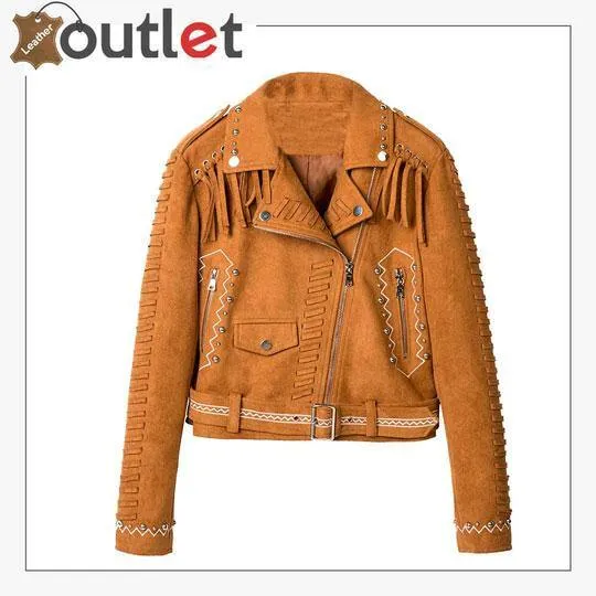 Camel Brown Fringed Leather Studded Biker Jacket