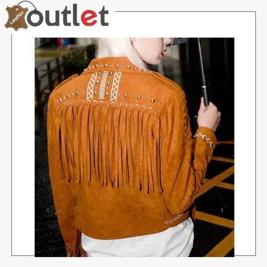 Camel Brown Fringed Leather Studded Biker Jacket