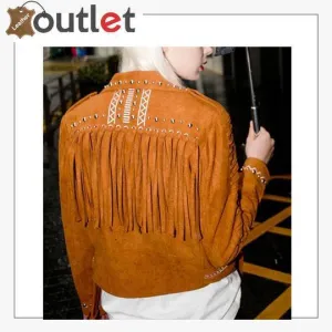 Camel Brown Fringed Leather Studded Biker Jacket