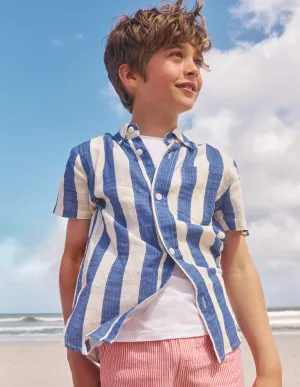 Cotton Linen Shirt-Sapphire Blue / Ivory Stripe