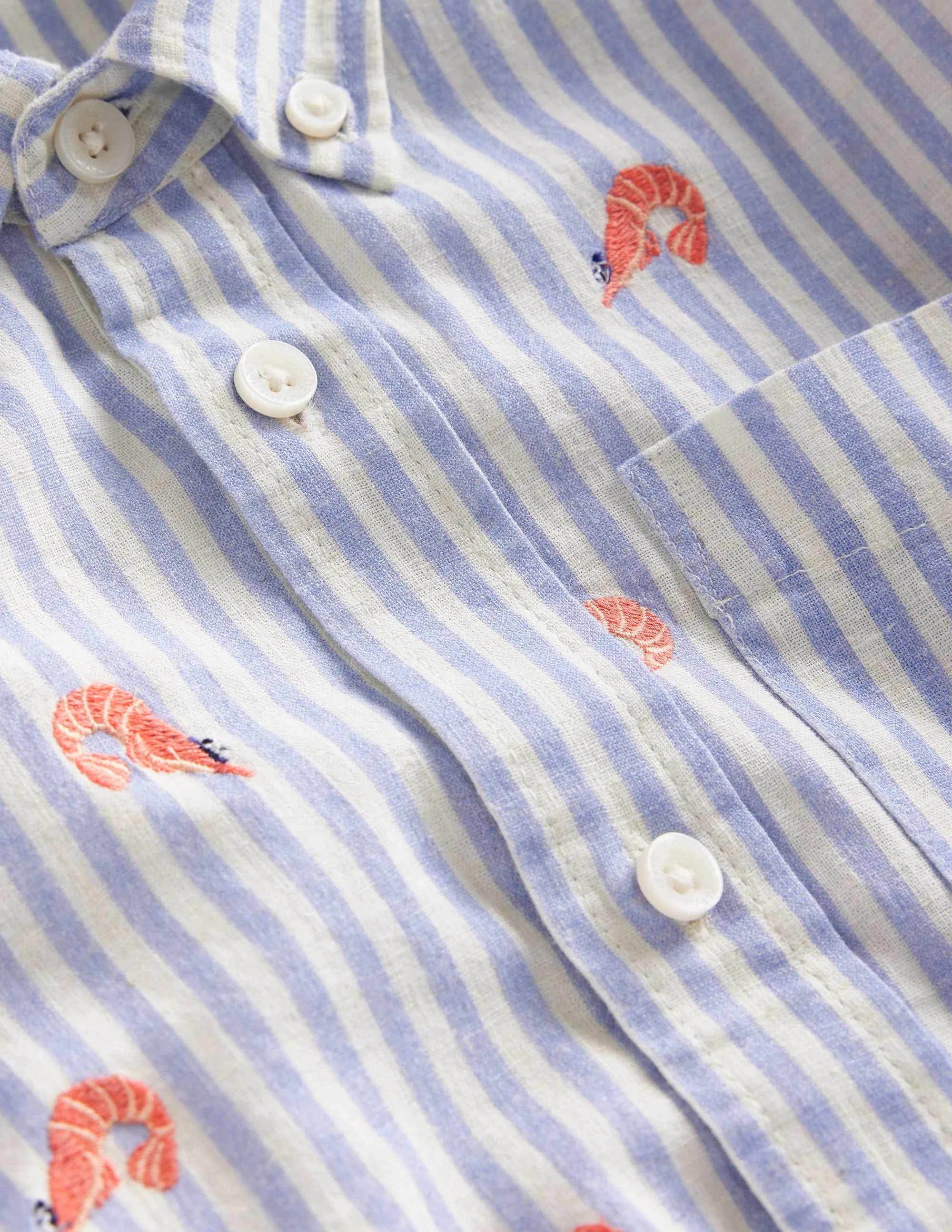 Cotton Linen Shirt-Surf Blue Stripe Prawns