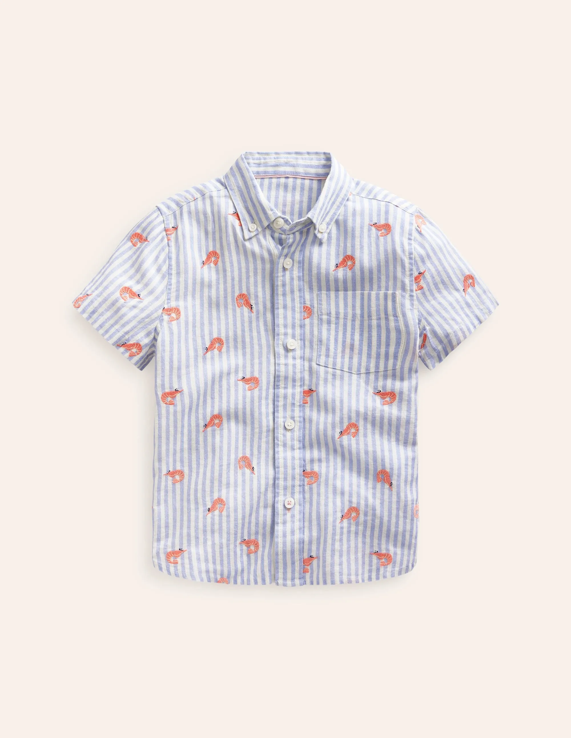 Cotton Linen Shirt-Surf Blue Stripe Prawns