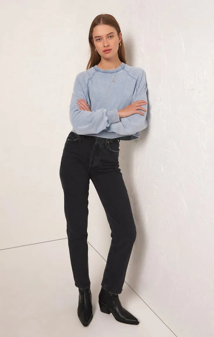 Crop Out Knit Denim Sweatshirt