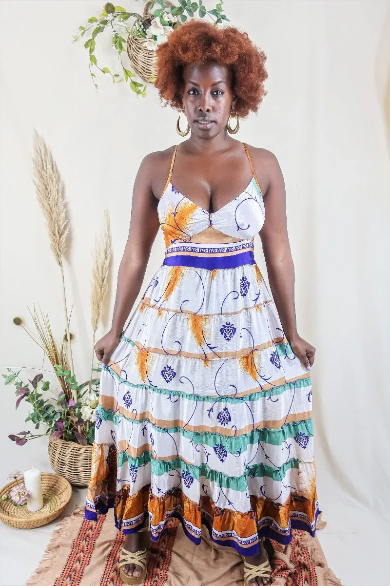 Delilah Maxi Dress - Salt White & Amber Feathers - Vintage Sari - Free Size M/L