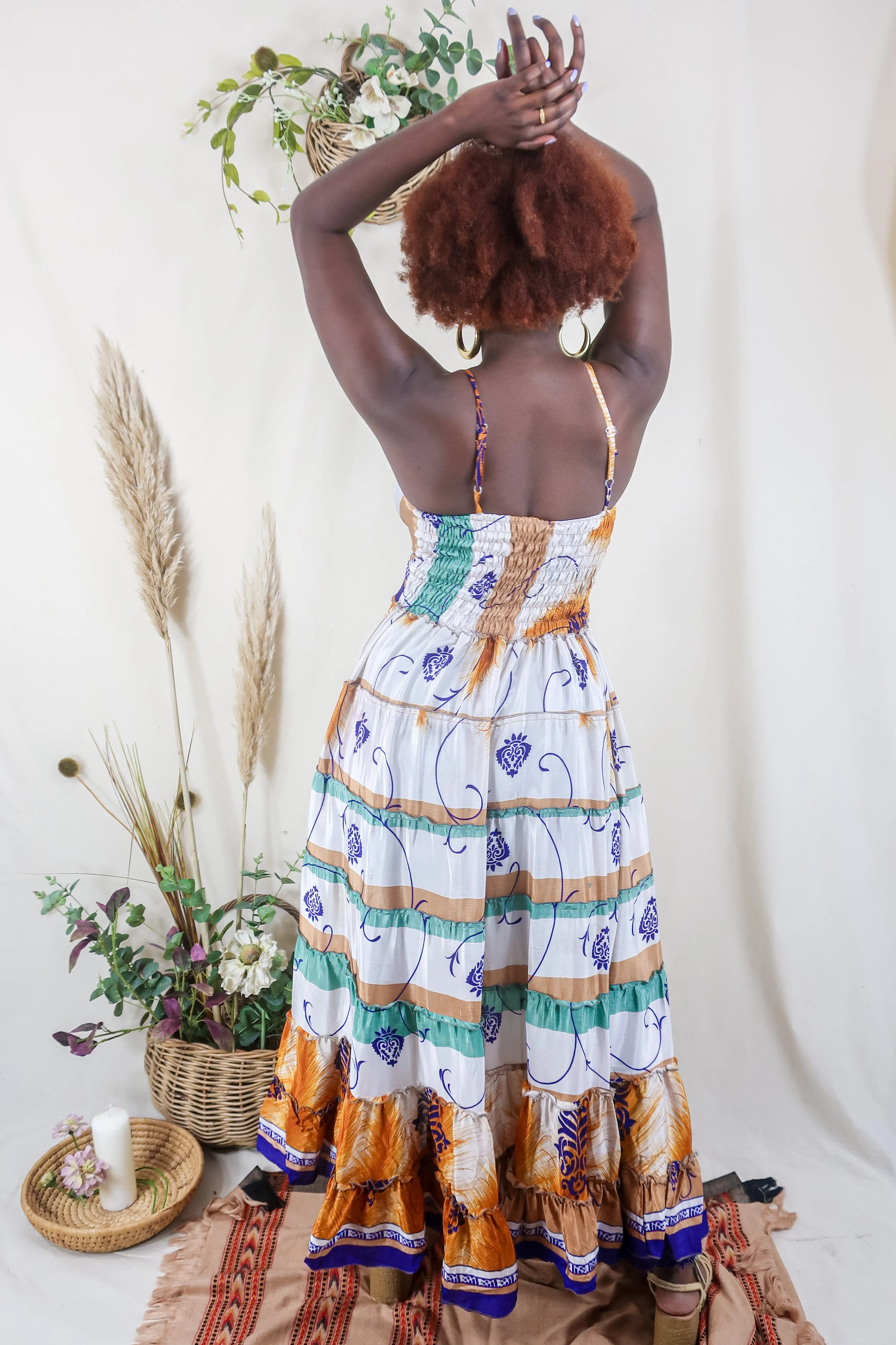 Delilah Maxi Dress - Salt White & Amber Feathers - Vintage Sari - Free Size M/L