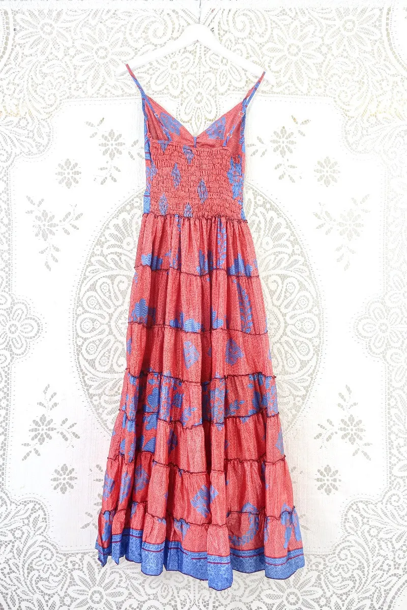 Delilah Maxi Dress - Sweet Red & Sky Blue - Vintage Sari - Free Size S