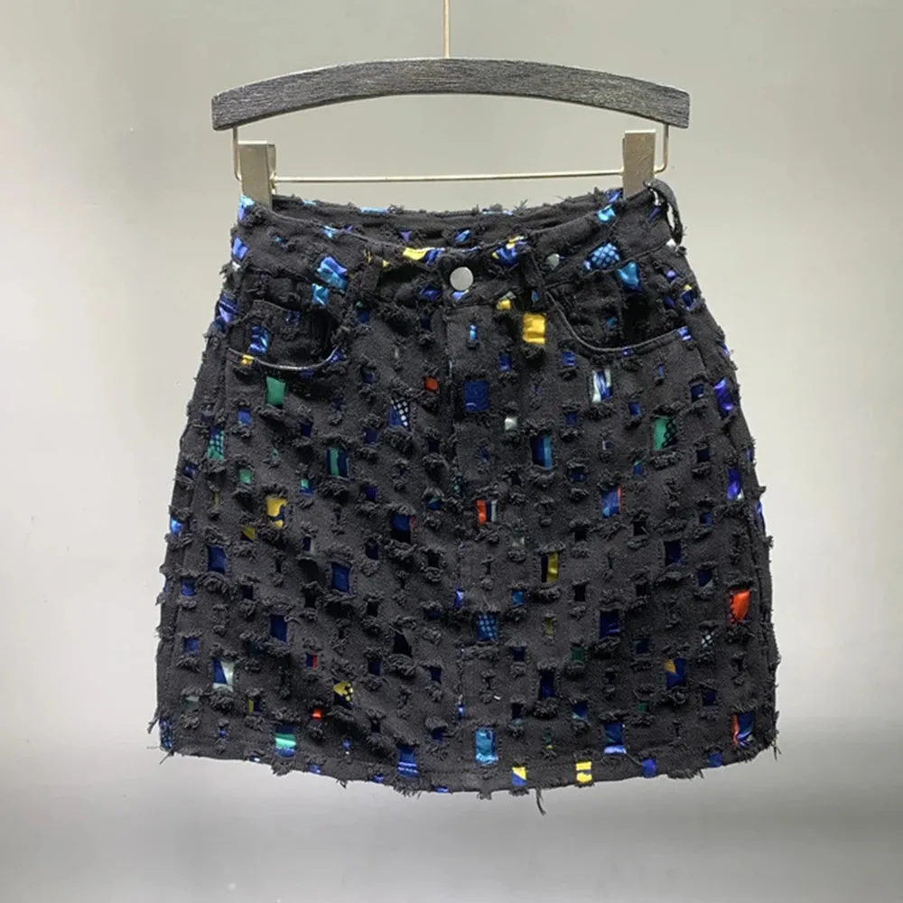 Designer Patchwork Hole Denim Skirts For Women High Waist Spliced Print Slim Skirt Summer Female Fashion Clothing