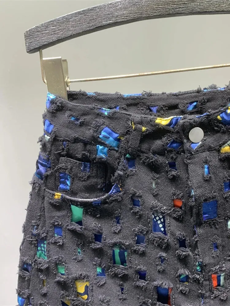 Designer Patchwork Hole Denim Skirts For Women High Waist Spliced Print Slim Skirt Summer Female Fashion Clothing
