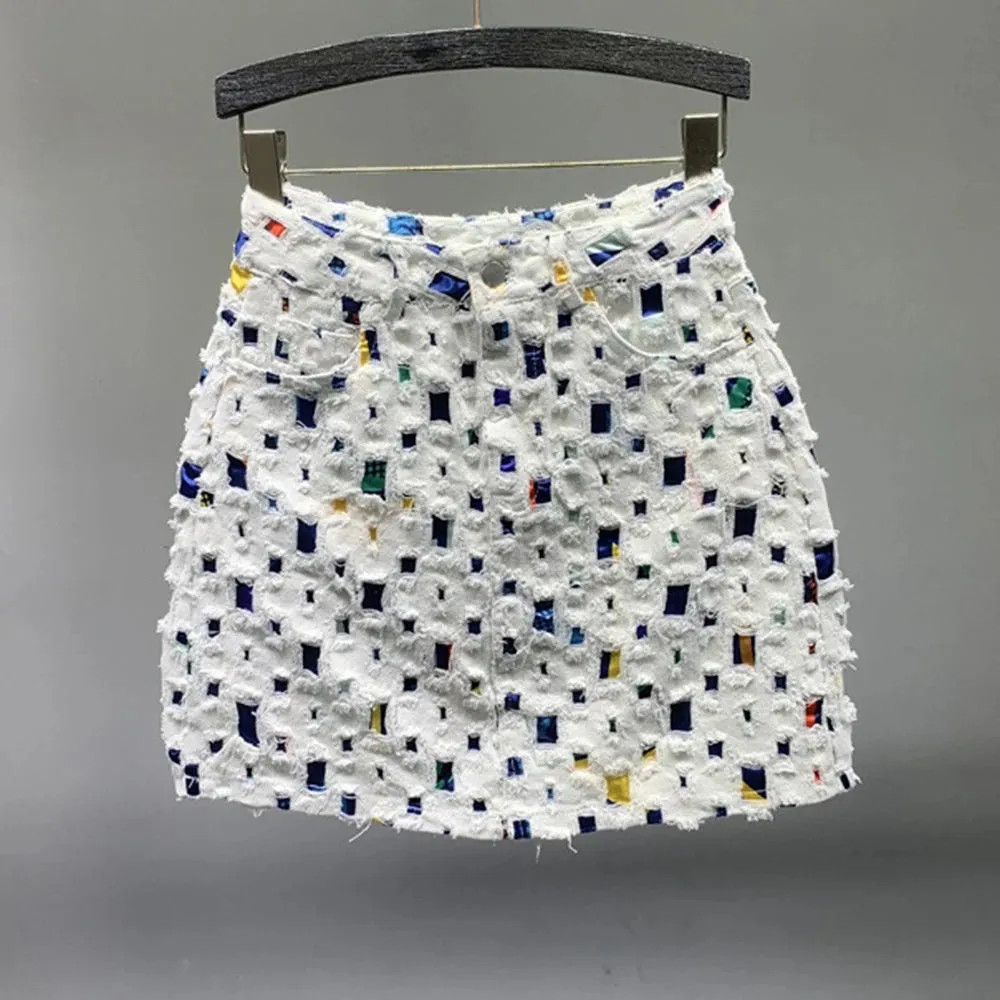 Designer Patchwork Hole Denim Skirts For Women High Waist Spliced Print Slim Skirt Summer Female Fashion Clothing