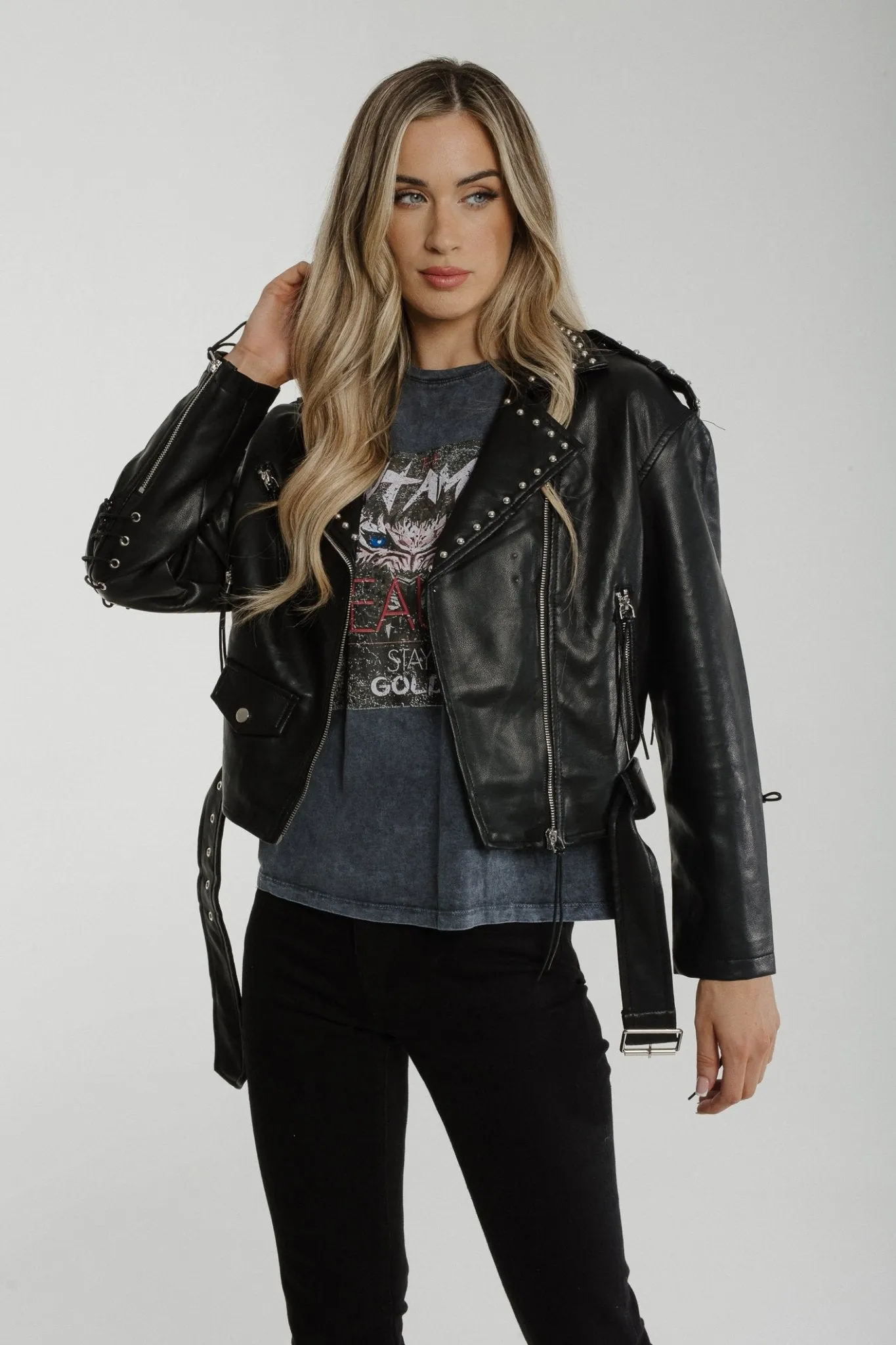 Flynn Stud Trim Biker Jacket In Black