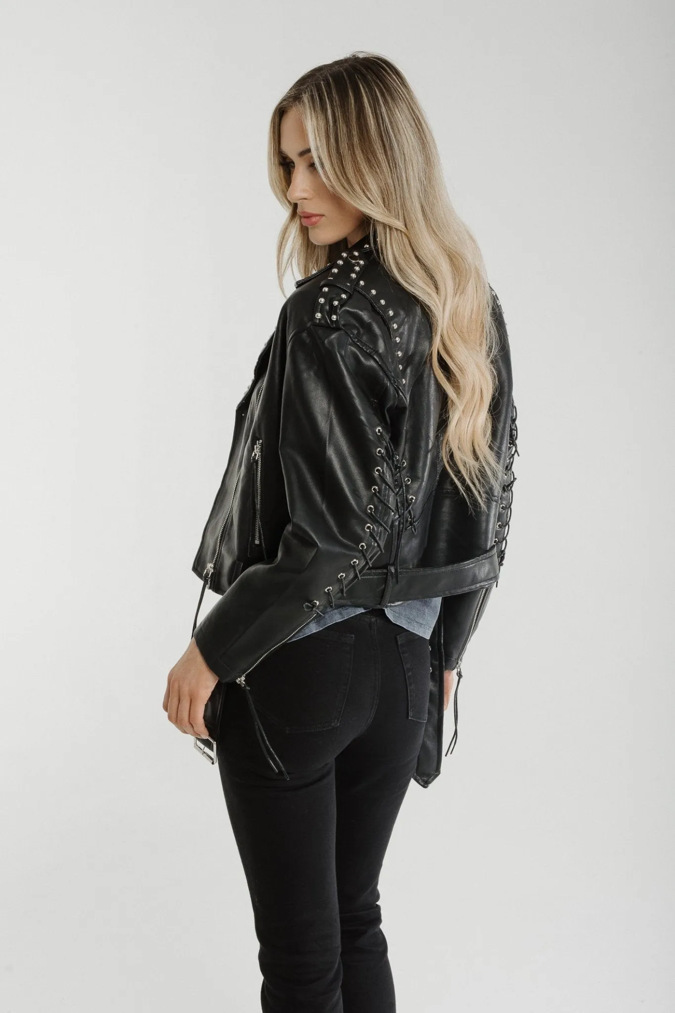 Flynn Stud Trim Biker Jacket In Black