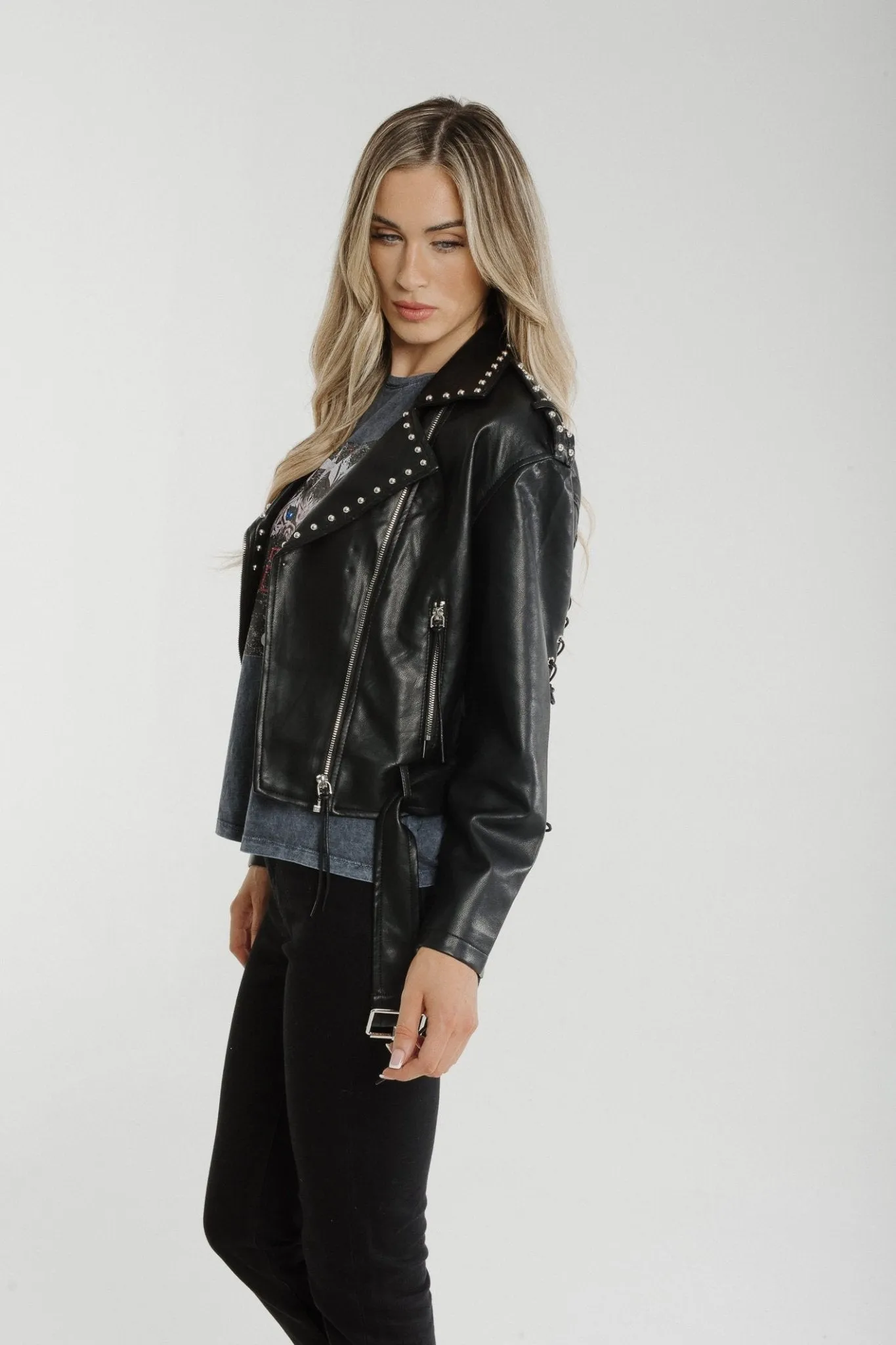 Flynn Stud Trim Biker Jacket In Black