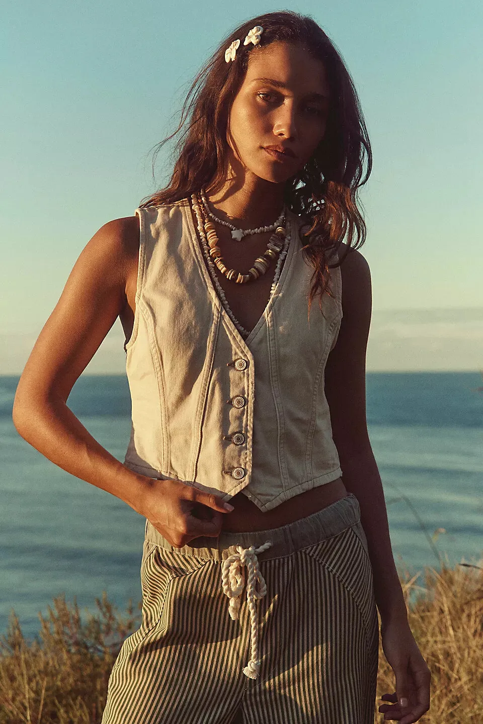 Free People Tate Denim Vest in Ecru