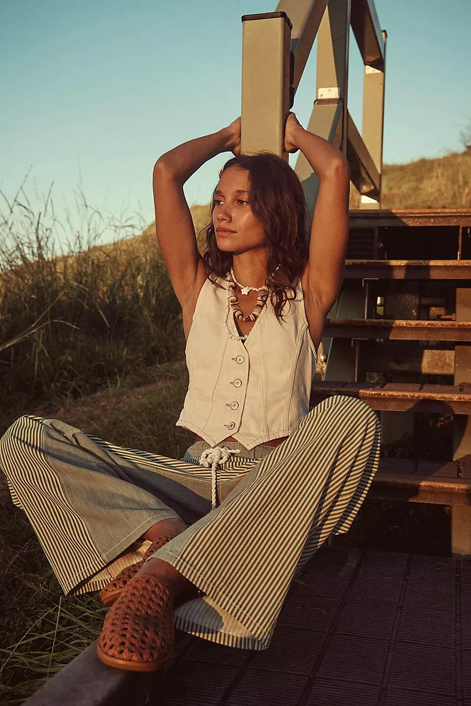 Free People Tate Denim Vest in Ecru