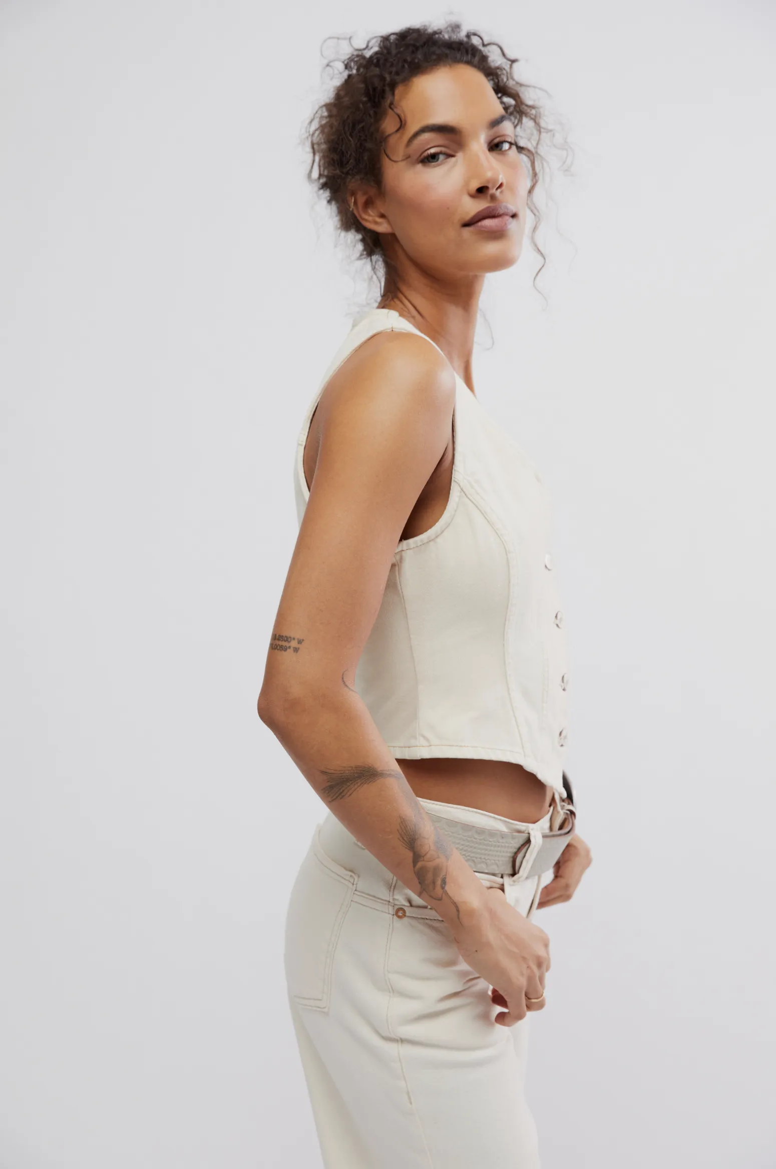 Free People Tate Denim Vest in Ecru
