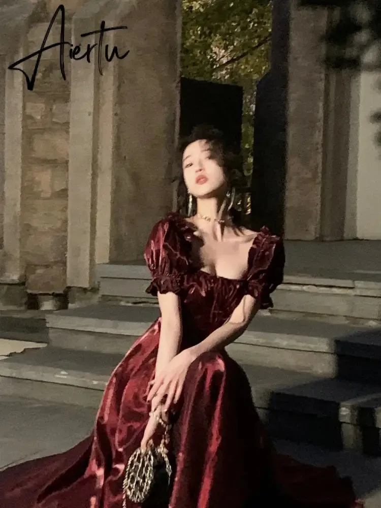 French Vintage Burgundy Evening Party Dress Women  Summer Elegant Romantic Prom Vestidos Korean A-line Graduation Dresses