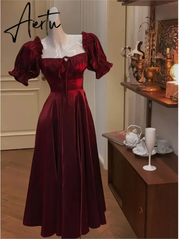 French Vintage Burgundy Evening Party Dress Women  Summer Elegant Romantic Prom Vestidos Korean A-line Graduation Dresses