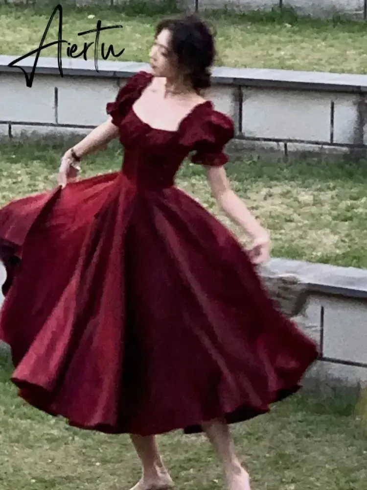 French Vintage Burgundy Evening Party Dress Women  Summer Elegant Romantic Prom Vestidos Korean A-line Graduation Dresses