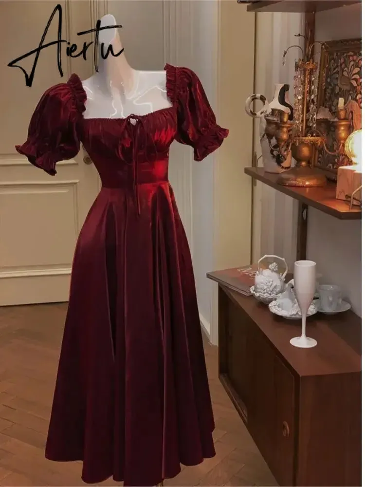 French Vintage Burgundy Evening Party Dress Women  Summer Elegant Romantic Prom Vestidos Korean A-line Graduation Dresses