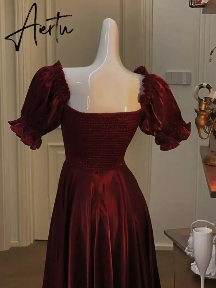 French Vintage Burgundy Evening Party Dress Women  Summer Elegant Romantic Prom Vestidos Korean A-line Graduation Dresses