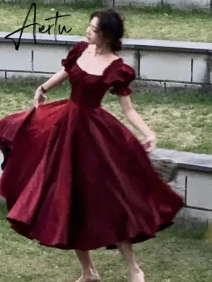 French Vintage Burgundy Evening Party Dress Women  Summer Elegant Romantic Prom Vestidos Korean A-line Graduation Dresses