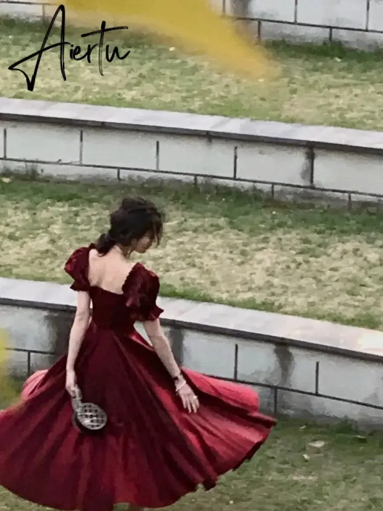 French Vintage Burgundy Evening Party Dress Women  Summer Elegant Romantic Prom Vestidos Korean A-line Graduation Dresses