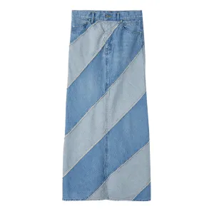 Hit Color Denim Skirts For Women High Waist Patchwork Tassel Straight Vintage Split Skirt Female Fashion Clothing