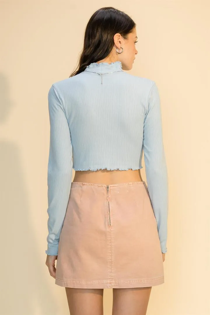 Hyfve Double Zero Lettuce Edge Mock Neck Crop Top In Smoke Blue Or Olive