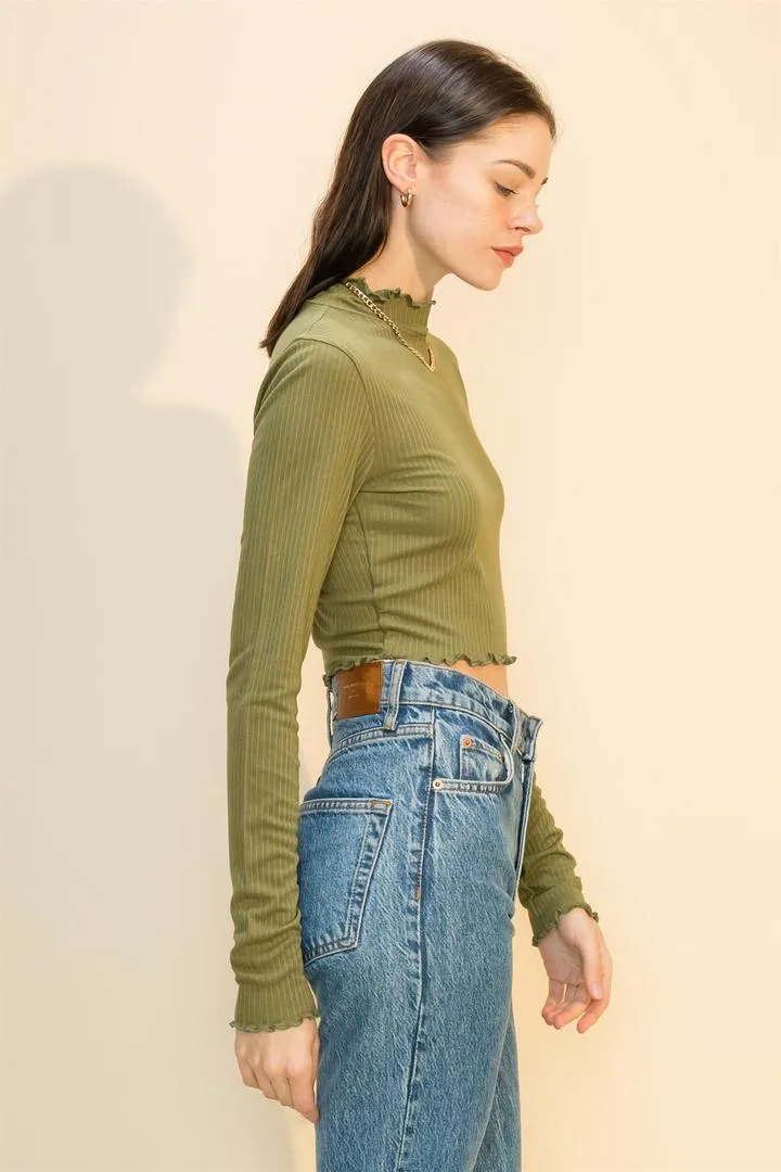 Hyfve Double Zero Lettuce Edge Mock Neck Crop Top In Smoke Blue Or Olive