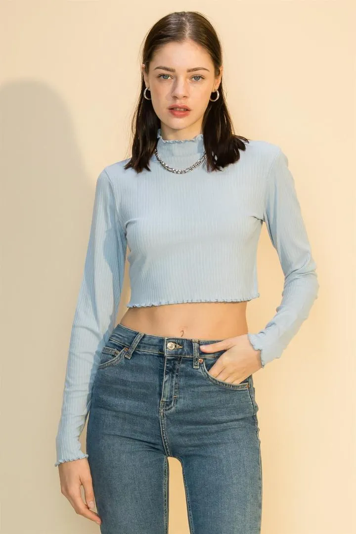 Hyfve Double Zero Lettuce Edge Mock Neck Crop Top In Smoke Blue Or Olive