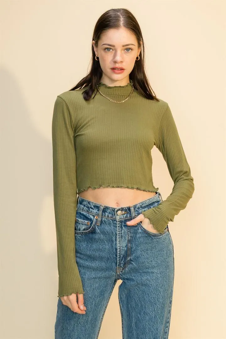 Hyfve Double Zero Lettuce Edge Mock Neck Crop Top In Smoke Blue Or Olive