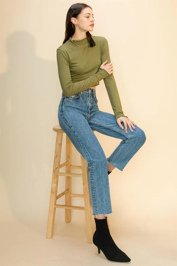 Hyfve Double Zero Lettuce Edge Mock Neck Crop Top In Smoke Blue Or Olive